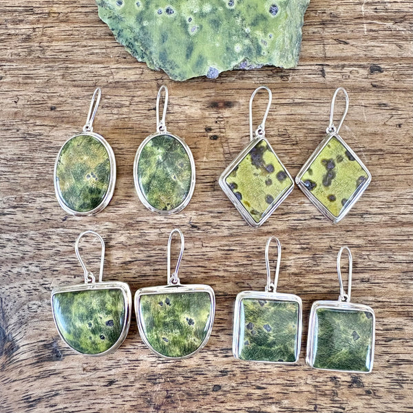 Stitchite and Serpentine drop earrings-Tasmanian Jewellery and gemstones-Rare and Beautiful