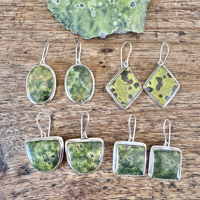 Stitchite and Serpentine drop earrings-Tasmanian Jewellery and gemstones-Rare and Beautiful