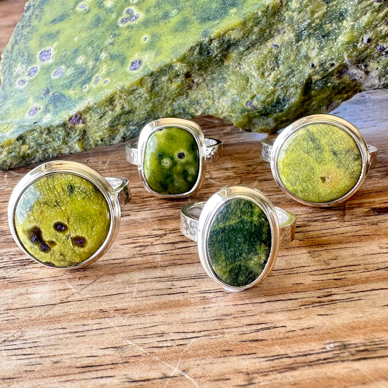 Double bezel Stichtite and Serpentine rings-Tasmanian Jewellery and gemstones-Rare and Beautiful