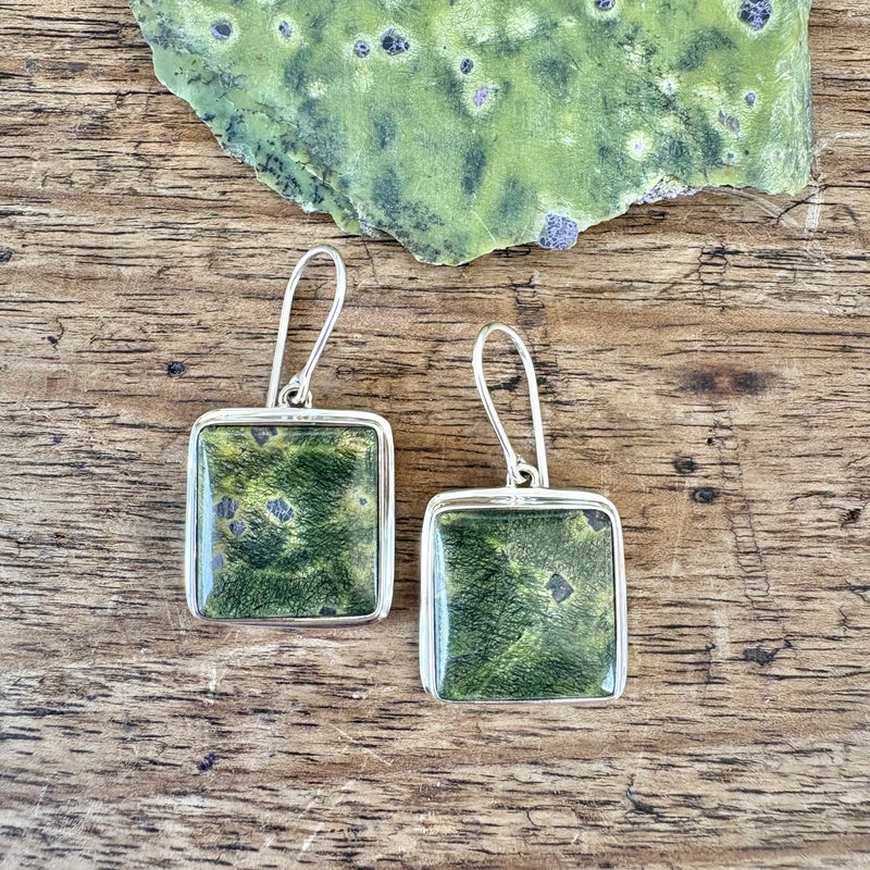 Stitchite and Serpentine drop earrings-Tasmanian Jewellery and gemstones-Rare and Beautiful