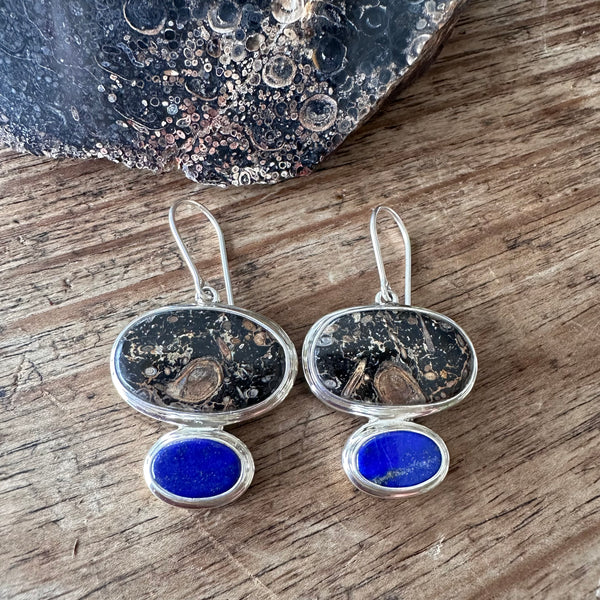 Fossil Fern and Lapis earrings-Tasmanian Jewellery and gemstones-Rare and Beautiful