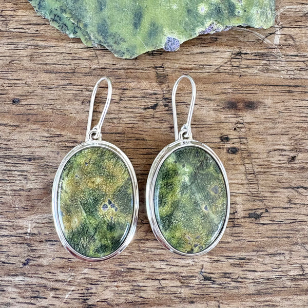 Stitchite and Serpentine drop earrings-Tasmanian Jewellery and gemstones-Rare and Beautiful