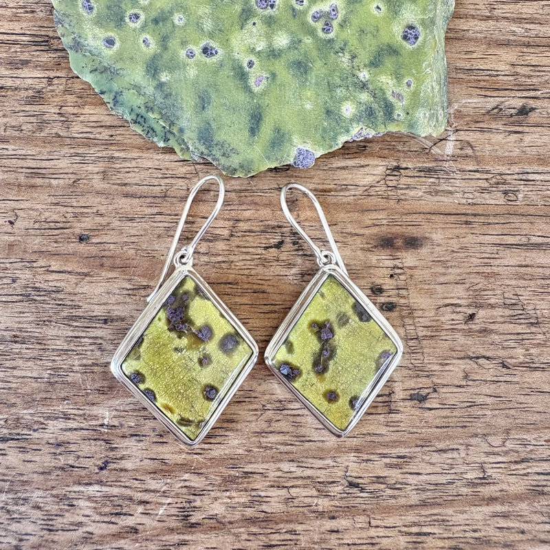 Stitchite and Serpentine drop earrings-Tasmanian Jewellery and gemstones-Rare and Beautiful