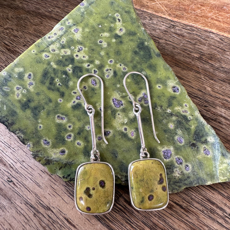Stichtite and Serpentine bar drop earrings-Tasmanian Jewellery and gemstones-Rare and Beautiful