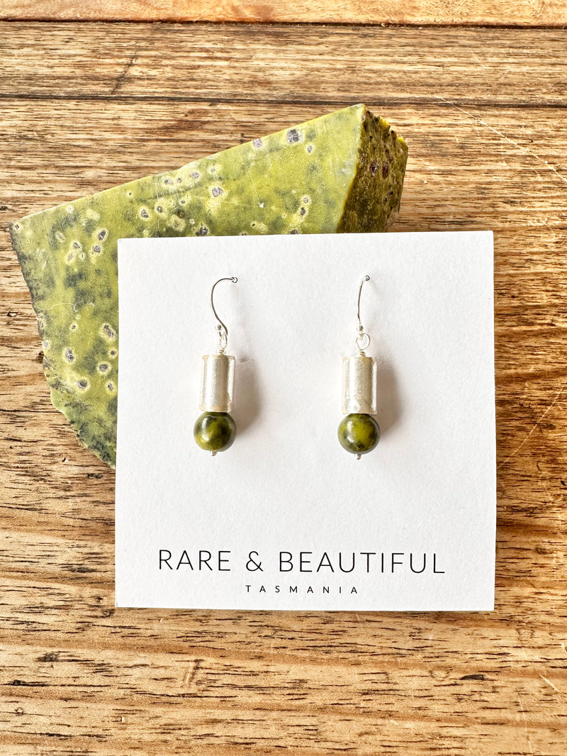 Short drop Stitchtite and Serpentine Earrings with tube bead-Tasmanian Jewellery and gemstones-Rare and Beautiful