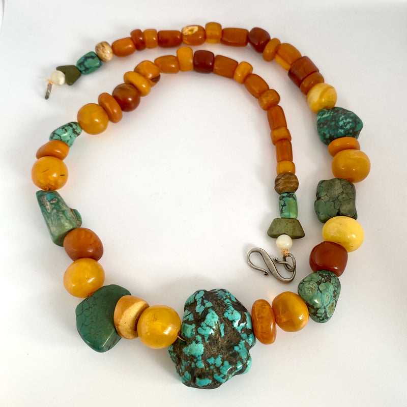 Antique Amber , Turquoise , bone and mother of Pearl necklace-Tasmanian Jewellery and gemstones-Rare and Beautiful