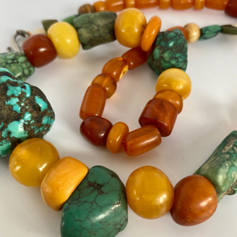 Antique Amber , Turquoise , bone and mother of Pearl necklace-Tasmanian Jewellery and gemstones-Rare and Beautiful