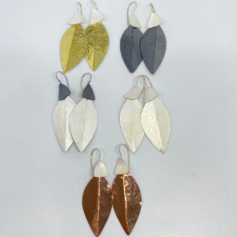 leaf earring in Sterling silver, oxidised copper, brass and copper