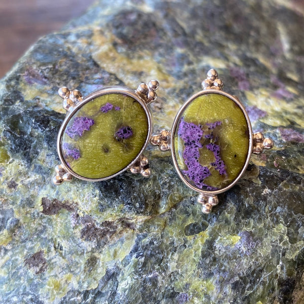 Stichtite and Serpentine oval earrings with silver ball accents-Tasmanian Jewellery and gemstones-Rare and Beautiful