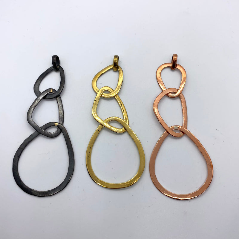 3 loop Pendant in copper , brass and oxidised copper