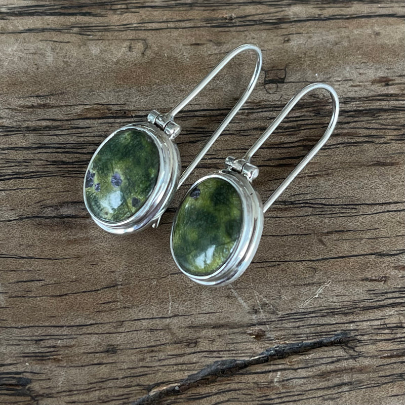 Stitchite and Serpentine oval drop earrings-Tasmanian Jewellery and gemstones-Rare and Beautiful
