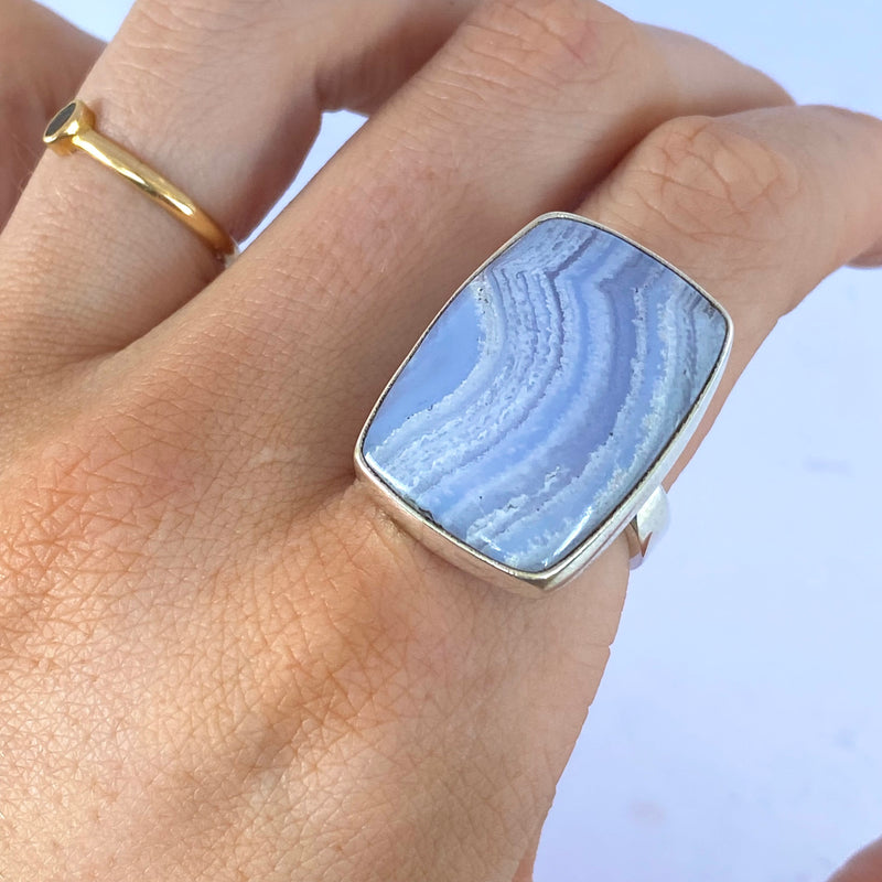 Blue Lace Agate Large Rectangle Ring-Tasmanian Jewellery and gemstones-Rare and Beautiful